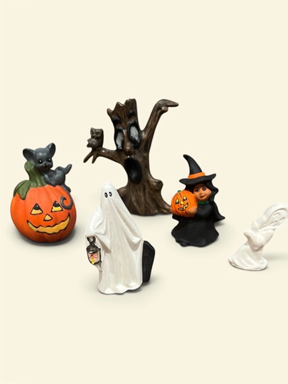 Vintage Halloween Ceramic Figurine Set - Orange, White, Black